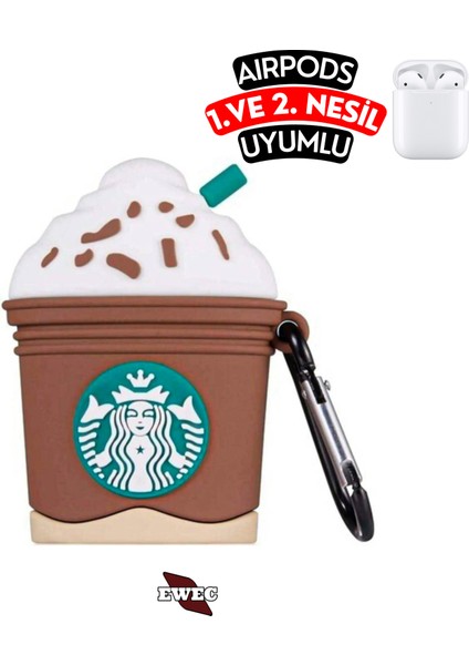 Starbucks Figürlü Airpods 1. ve 2. Nesil Uyumlu Kopçalı Koruyucu Silikon Kılıf, Darbe Emici Kılıf