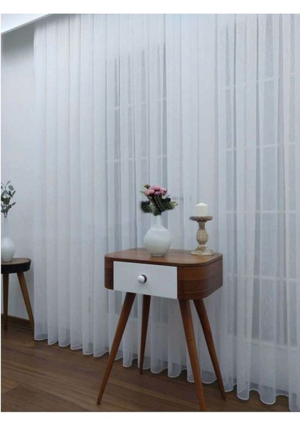 Düz Şantuk (Keten Çizgili) Tül Perde Seyrek Pile (1'e 2 Pile) Dikim Kırık Beyaz modelleri