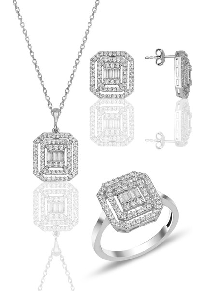 Gümüş Rodyumlu Pırlanta Montürlü Taşlı Baget Üçlü Set