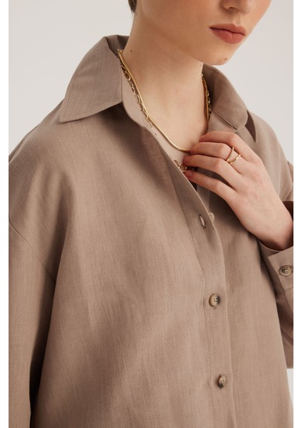 Bej Keten Karışımlı Oversize Gömlek fiyatları