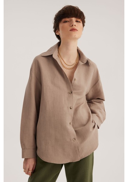Bej Keten Karışımlı Oversize Gömlek modelleri