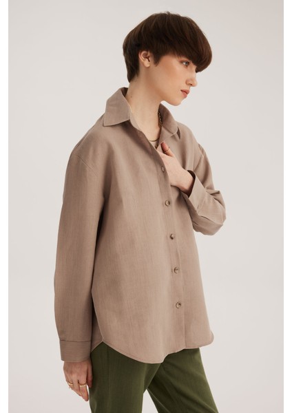 Bej Keten Karışımlı Oversize Gömlek fırsatları