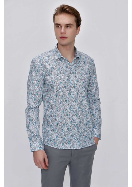 Erkek Mavi Pamuk Baskılı Slim Fit Dar Kesim Gömlek