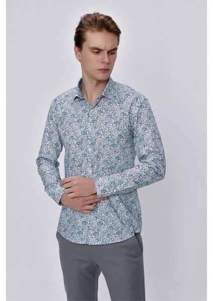 Erkek Mavi Pamuk Baskılı Slim Fit Dar Kesim Gömlek fiyatları