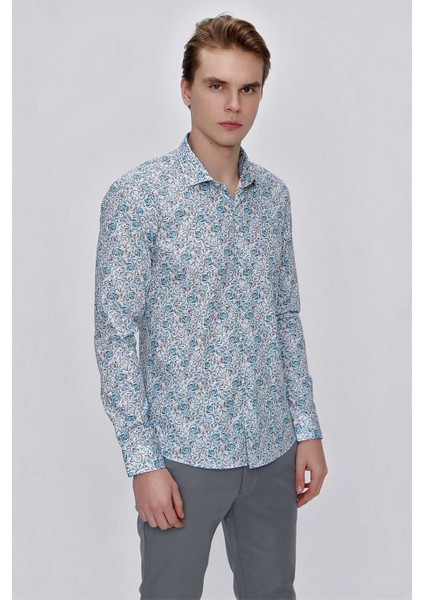 Erkek Mavi Pamuk Baskılı Slim Fit Dar Kesim Gömlek modelleri