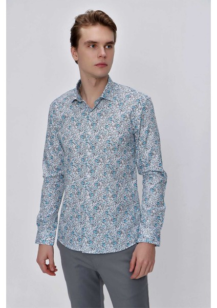 Erkek Mavi Pamuk Baskılı Slim Fit Dar Kesim Gömlek fırsatları