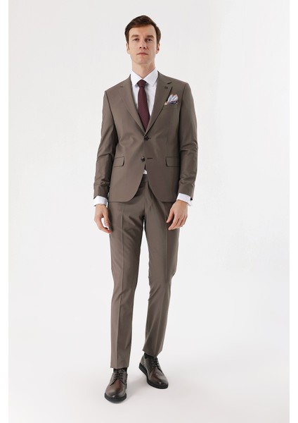 Erkek Kahve Yünlü Düz Desen 6 Drop Slim Fit Takım Elbise