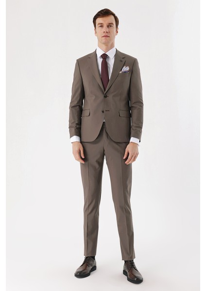 Erkek Kahve Yünlü Düz Desen 6 Drop Slim Fit Takım Elbise fiyatları