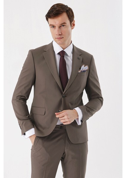 Erkek Kahve Yünlü Düz Desen 6 Drop Slim Fit Takım Elbise modelleri