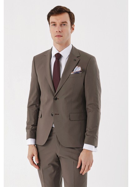 Erkek Kahve Yünlü Düz Desen 6 Drop Slim Fit Takım Elbise fırsatları