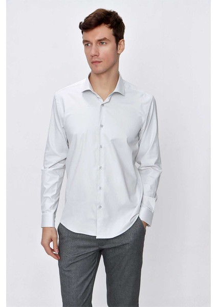 Erkek Kremrengi Saten Lycra Slim Fit Dar Kesim Gömlek