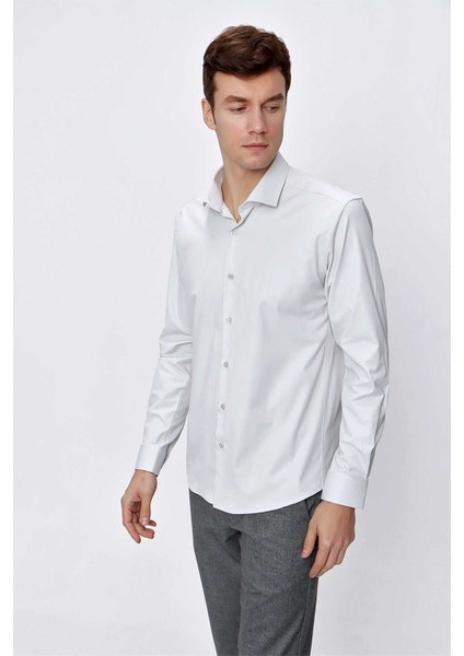 Erkek Kremrengi Saten Lycra Slim Fit Dar Kesim Gömlek modelleri