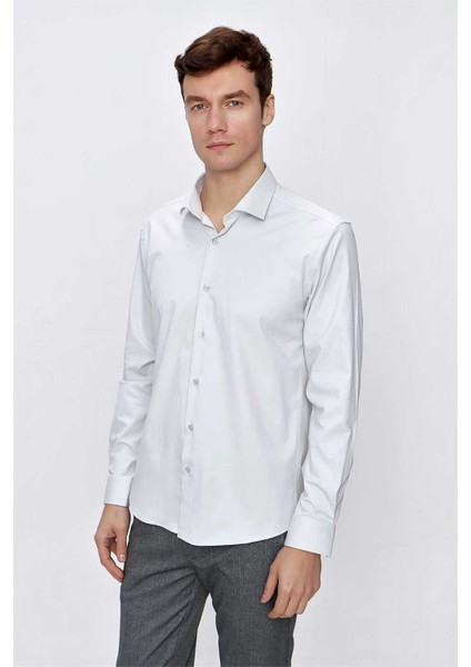 Erkek Kremrengi Saten Lycra Slim Fit Dar Kesim Gömlek fırsatları
