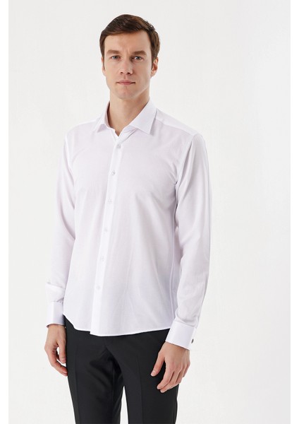 Erkek Beyaz Juliet Jakarlı Manşetli Sert Yaka Slim Fit Gömlek fiyatları