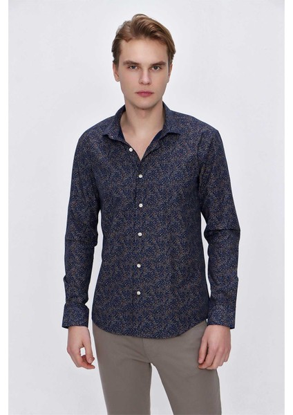 Erkek Lacivert Microcotton Baskılı Slim Fit Gömlek
