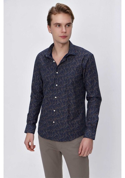 Erkek Lacivert Microcotton Baskılı Slim Fit Gömlek