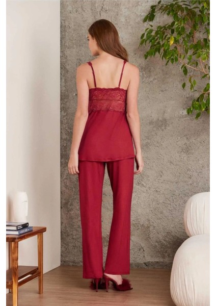 2810 Kadın Dantelli Penye Sabahlıklı Pijama Takım-Bordo modelleri