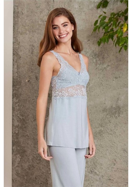 2810 Kadın Dantelli Penye Sabahlıklı Pijama Takım-Mist fiyatları