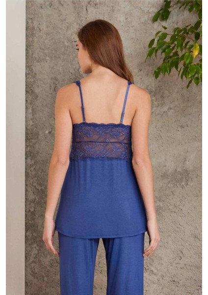 2810 Kadın Dantelli Penye Sabahlıklı Pijama Takım-Lacivert modelleri