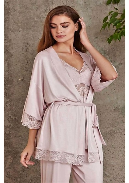 2810 Kadın Dantelli Penye Sabahlıklı Pijama Takım-Pudra