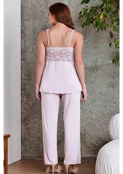 2810 Kadın Dantelli Penye Sabahlıklı Pijama Takım-Pudra modelleri