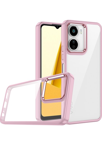 Vivo Y16 Kılıf Flora Sert Silikon Arkası Cam Şeffaf Pembe