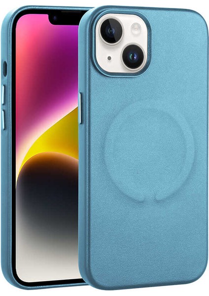 Apple iPhone 14 Plus Kılıf Pu Deri Wireless Tacsafe Derix Sert Kapak Mavi