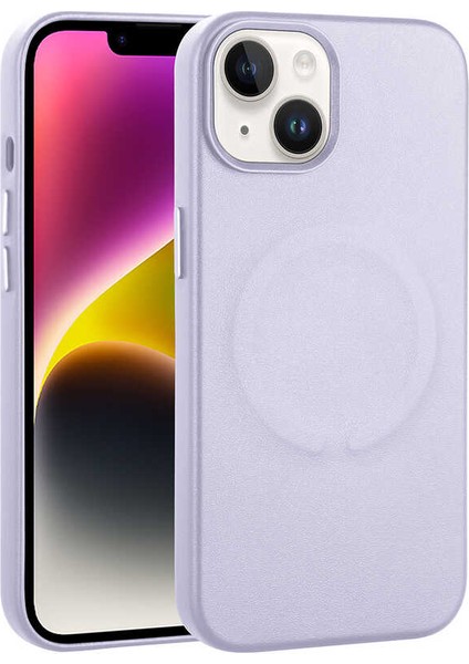 Apple iPhone 14 Plus Kılıf Pu Deri Wireless Tacsafe Derix Sert Kapak Lila