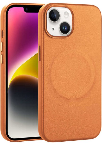 Apple iPhone 14 Plus Kılıf Pu Deri Wireless Tacsafe Derix Sert Kapak Kahverengi Açık