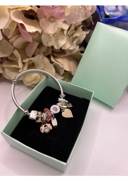 Pembe Uğur Böceği Tasarımlı Çelik Pandora Bileklik (Charmlı Özel Tasarım Çelik Pandora Bileklik)