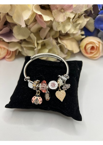 Pembe Uğur Böceği Tasarımlı Çelik Pandora Bileklik (Charmlı Özel Tasarım Çelik Pandora Bileklik) fiyatları