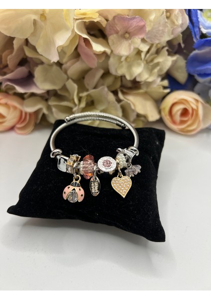 Pembe Uğur Böceği Tasarımlı Çelik Pandora Bileklik (Charmlı Özel Tasarım Çelik Pandora Bileklik) modelleri