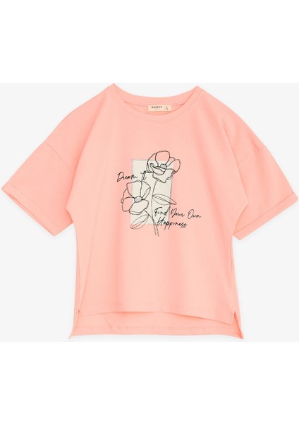 Kız Çocuk Tişört Çiçek Baskılı 8-14 Yaş, Somon