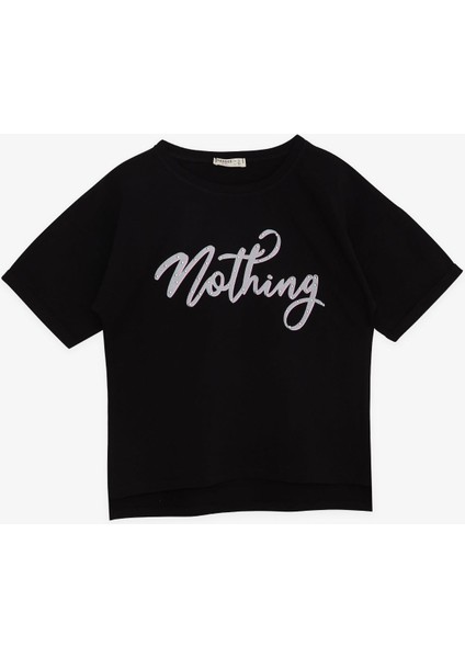 Kız Çocuk Tişört Taşlı Yazı Baskılı 9-16 Yaş, Siyah