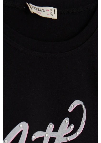 Kız Çocuk Tişört Taşlı Yazı Baskılı 9-16 Yaş, Siyah modelleri