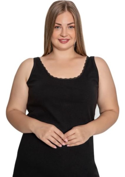 Pamuklu Büyük Beden 3'lü Dantelli Siyah Atlet 533