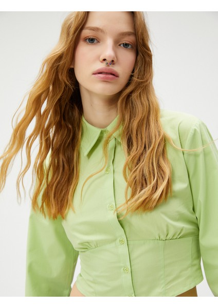 Crop Poplin Gömlek Uzun Kollu Beli Korseli Düğmeli Pamuklu