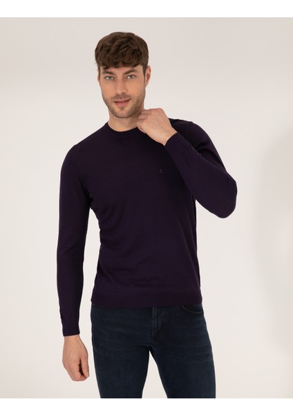 Pierre Cardin Erkek Mor Slim Fit Bisiklet Yaka Yün Karışımlı Basic Triko Kazak 50257301-VR038