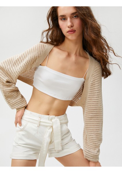 Crop Hırka Uzun Kollu Ajurlu