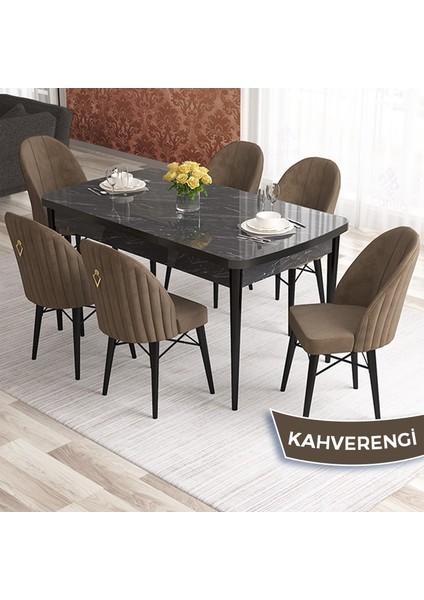 Elf Serisi 80X132 Açılabilir Siyah Mermer Desen Mutfak Masa Takımı 6 Sandalye Gold Halkalı