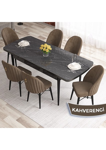 Elf Serisi 80X132 Açılabilir Siyah Mermer Desen Mutfak Masa Takımı 6 Sandalye Gold Halkalı