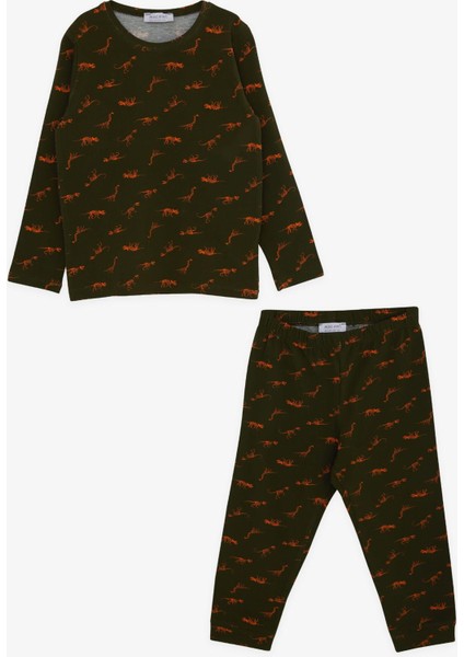 Macawı Erkek Çocuk Pijama Takımı Dinozor Desenli 3-7 Yaş, Koyu Yeşil