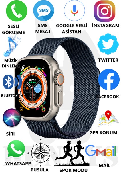 Metal Kordonlu Akıllı Saat Watch 8 Ultra Max Sesli Görüşme Ios Android Uyumlu Akıllı Saat Ultra