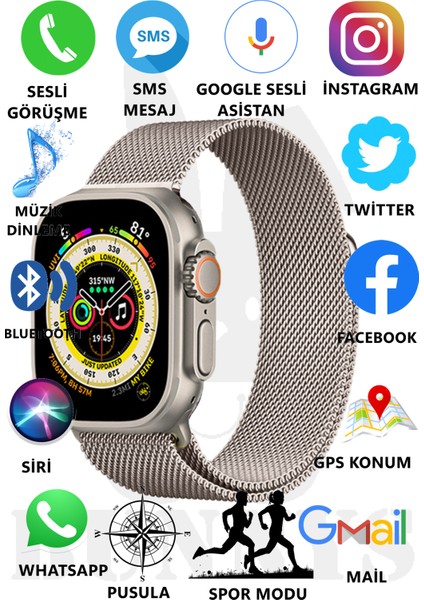 Metal Kordonlu Akıllı Saat Watch 8 Ultra Max Sesli Görüşme Ios Android Uyumlu Akıllı Saat Ultra