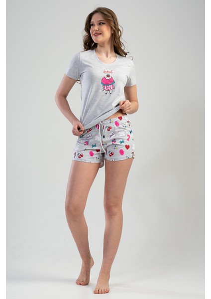 Pamuklu Kadın Kısa Kol Etegi Şortlu Pijama Takım
