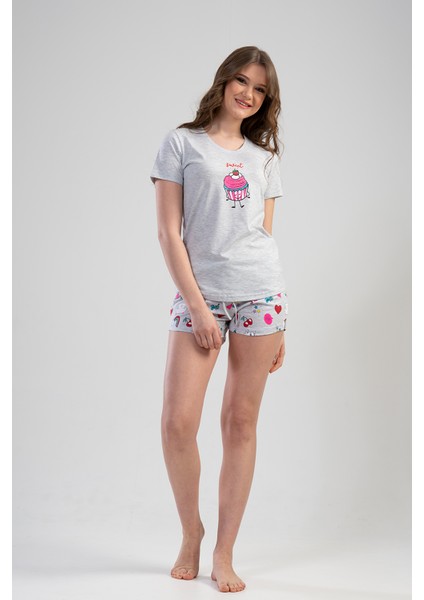 Pamuklu Kadın Kısa Kol Etegi Şortlu Pijama Takım fırsatları