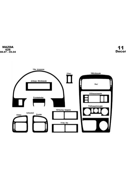 Meriç® Mazda 626 Ön Torpido Kaplama Maun 11 Parça 1997-2004