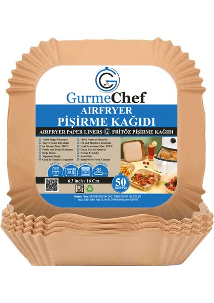 Airfryer Fritöz Pişirme Kağıdı, Gıda Sınıfı, Yüksek Kalite, Kare 50'li, 16X4.5 cm