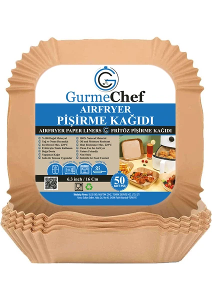 Gurme Chef Airfryer Fritöz Pişirme Kağıdı, Gıda Sınıfı, Yüksek Kalite, Kare 50'li, 16X4.5 cm