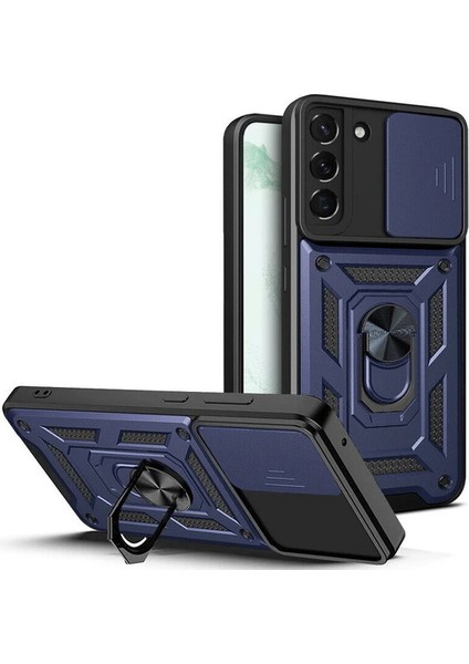 Samsung Galaxy S23 Plus Uyumlu Kılıf Kamera Korumalı Sürgülü Yüzüklü Armor Military Tank Lacivert